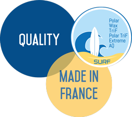 3 pastilles Quality, Made in France et logo Surf