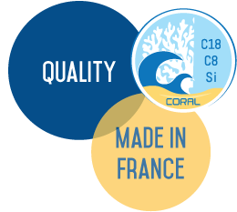 3 pastilles Quality, Made in France et logo Surf
